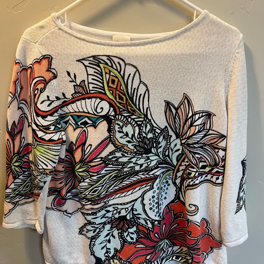 Chico's White Floral Top Women Size 1 (Medium) boho Colorful